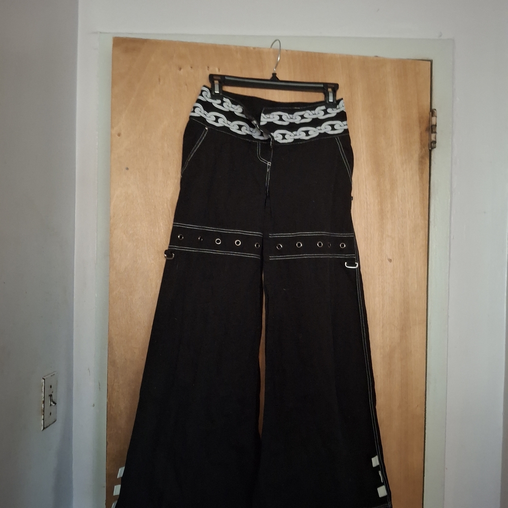 Rare ILLIG Rave Goth 90s Y2K Wide Leg Black Pants with Chain Detail